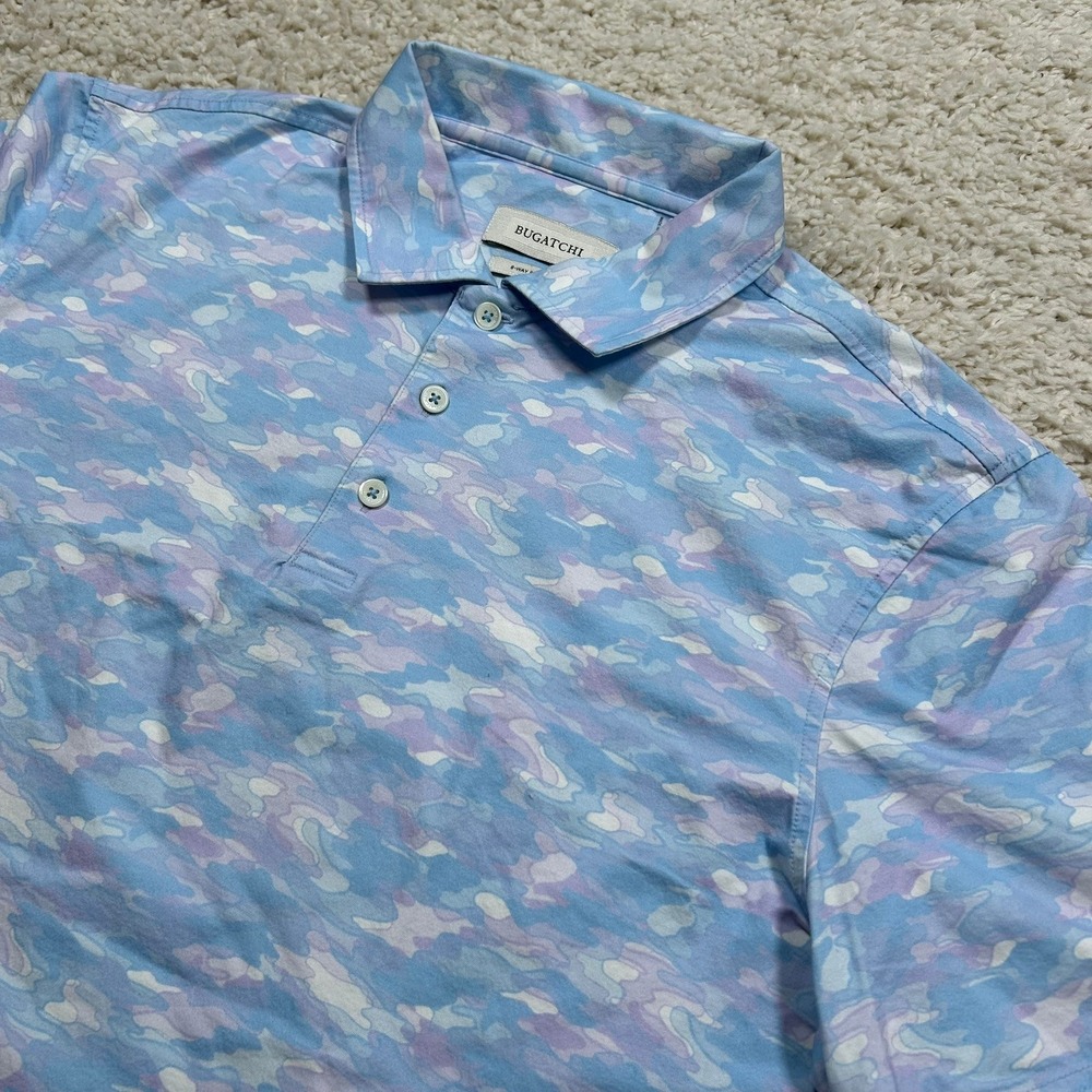 Bugatchi 8-Way Stretch Polo Shirt Size Medium Air Blue Camo Performance Stretch
